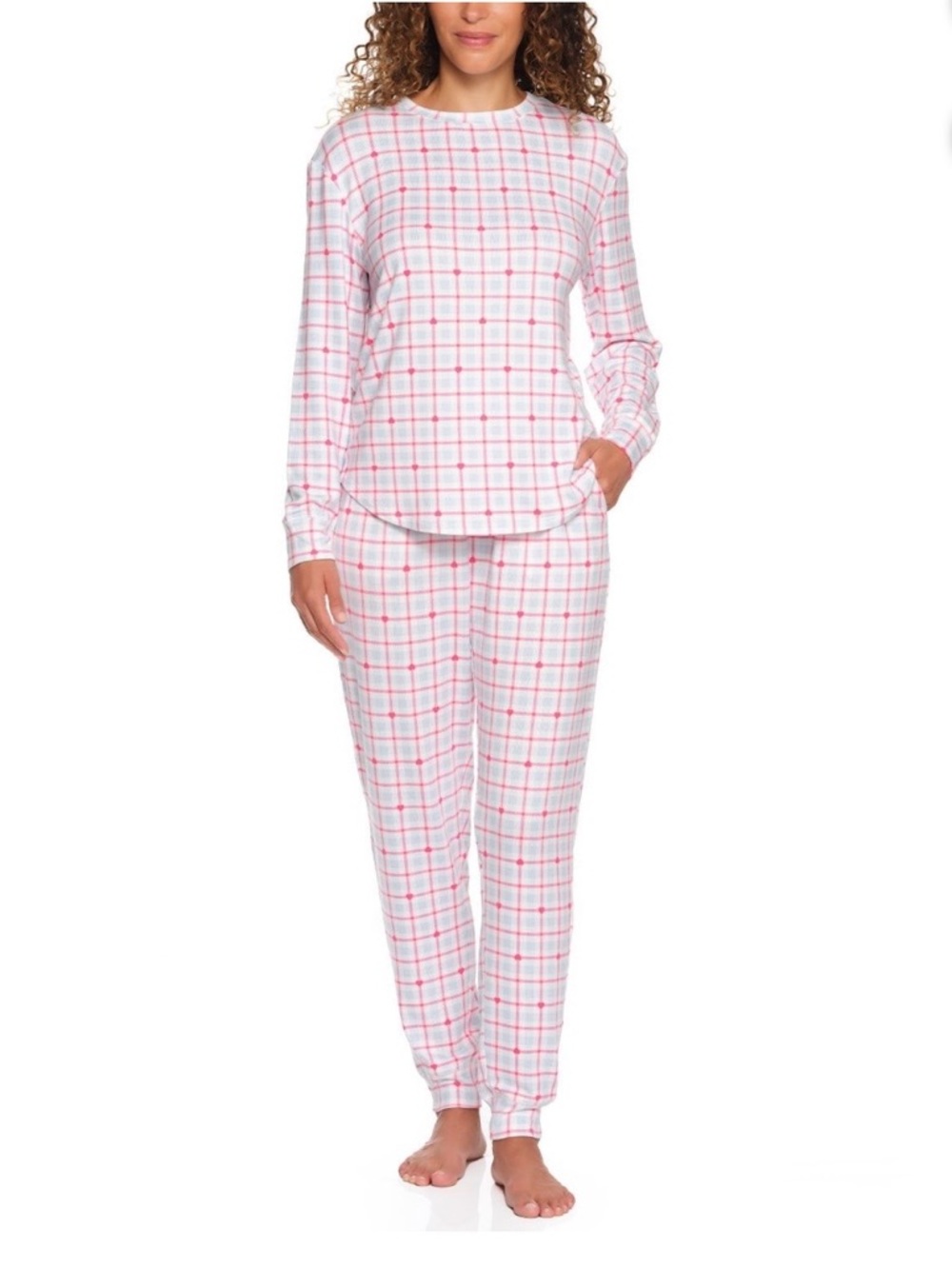 LOFT Pink and White Plaid Long-Sleeve Pajama Set